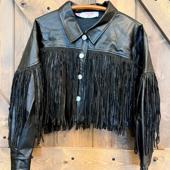 southern fried chics Jackets & Blazers - Southern Fried Chics Fringe Jacket Womens Medium Black Good Studded Faux Leather